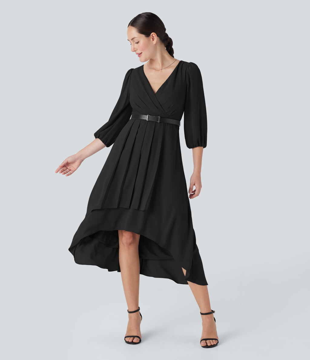 V Neck 3/4 Sleeve Pleated High Low Midi Casual Dress