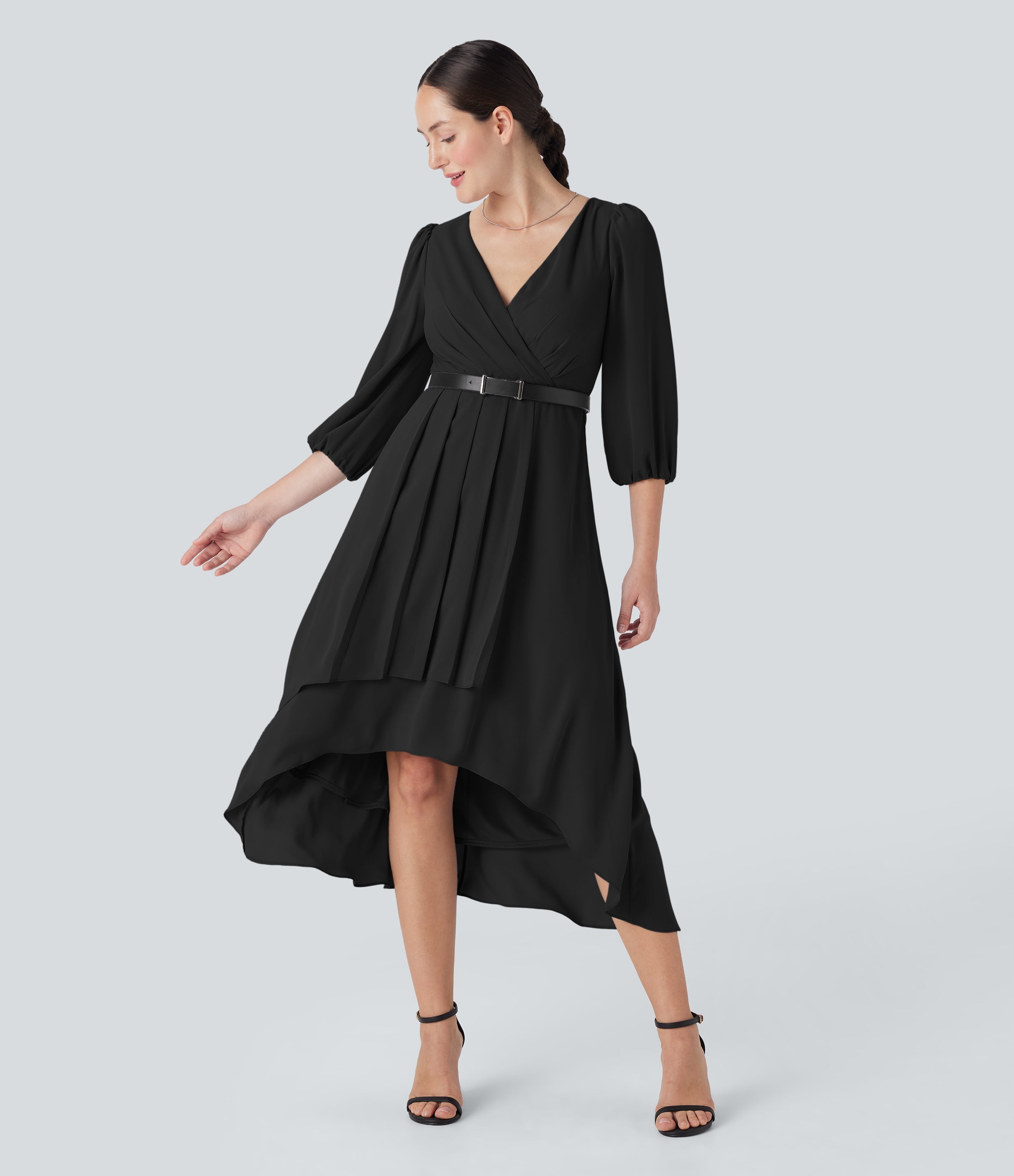 V Neck 3/4 Sleeve Pleated High Low Midi Casual Dress