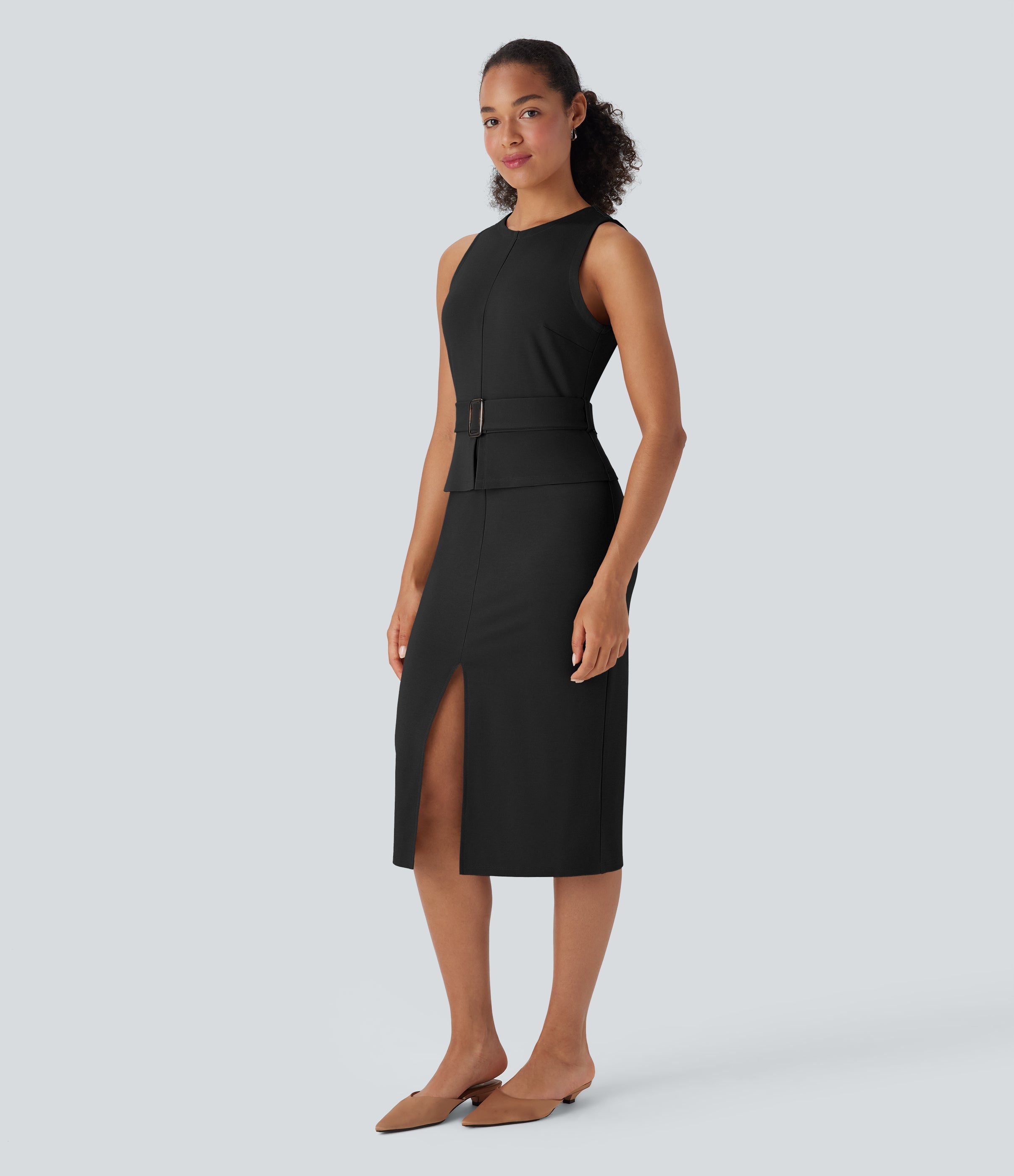 Sleeveless Keyhole-Back Belted Midi Work Dress