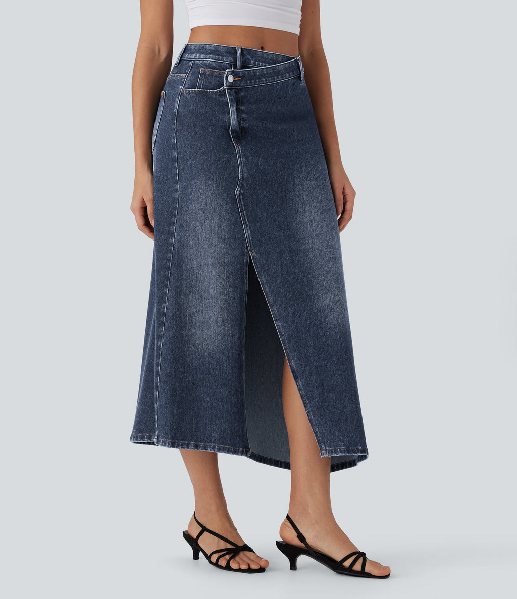 FlexTM Asymmetric Mid Rise Denim Maxi Casual Skirt with Pockets