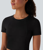 Round Neck Short Sleeve Contrast Mesh Cropped Yoga Sports Top