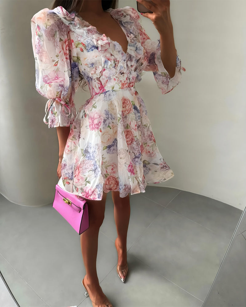 Women's 3D Floral Decor Chiffon Mini Dress Floral Print V Neck Puff Sleeve A-Line Vacation Dress