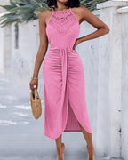 Adjustable Halter Hollow-out Back Ruched Front Slit Dress Guipure Lace Yoke Eyelet Embroidery Vacation Dress