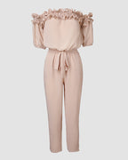 Frill Trim Off Shoulder Short Sleeve Tie Waist Overalls Casual Textured Jumpsuit