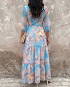 CHICME Women's Watercolor Floral V-Neck Shirred High Waist Maxi Dress Three Quarters Lantern Sleeve A-Line Ruffle Hem Chiffon Vacation Dress
