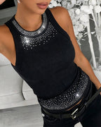 Rhinestone Decor O-neck Sleeveless Slim Fit Ribbed Tank Top
