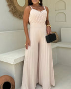 Pleated Design V Neck Adjustable Spaghetti Straps Cinched Waist Overalls Casual Pleated Flared Jumpsuit