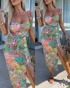 Women's Floral Sweetheart Neck Mid-length Dress Flutter Sleeve High Slit Bodycon Summer Vacation Dress
