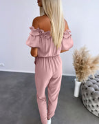 Frill Trim Off Shoulder Short Sleeve Tie Waist Overalls Casual Textured Jumpsuit