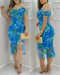 CHICME Women's Watercolor Floral Print Mesh Ruffle Hem Dress Stretchy Pearl Strap Cowl Neck Slit Bodycon Dress