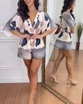 Tropical Leaves Print Overlap V Neck Batwing Sleeve High Waist Romper Casual Striped Spliced Backless Tie Back Shirred Waist Vacation Romper