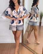 Tropical Leaves Print Overlap V Neck Batwing Sleeve High Waist Romper Casual Striped Spliced Backless Tie Back Shirred Waist Vacation Romper