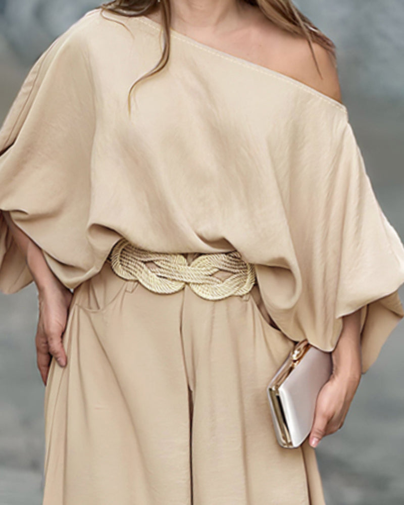 2 Pieces Outfit Turn-down Coll  Long Sleeve Button Front Satin  Shirt and Casual Vintage Floral  Print Elastic Back Waist Wide Leg  Pants Set without Belt