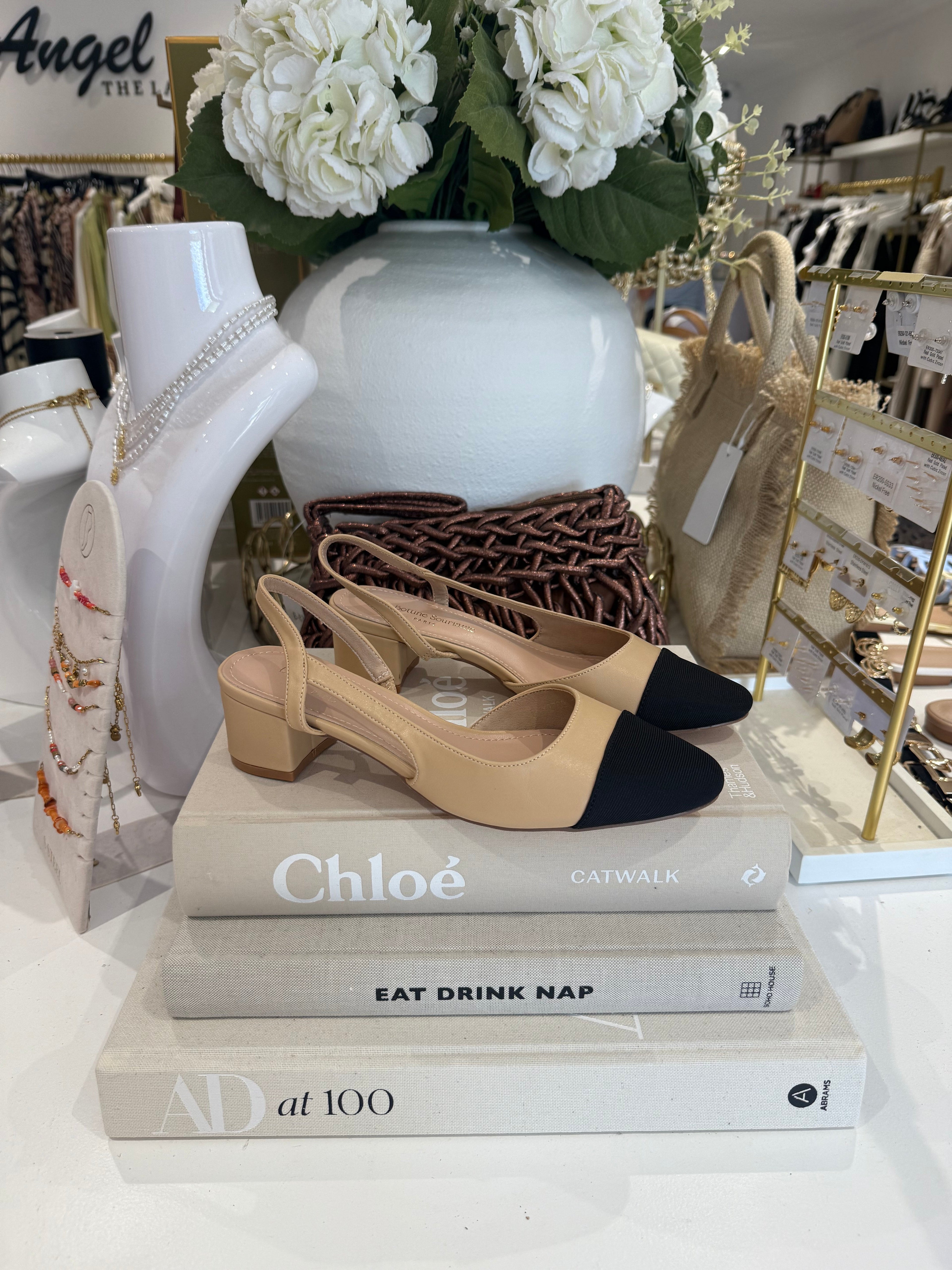 Two-Tone Cap-Toe Slingback Heels