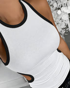 Women's Ribbed Contrast Trim Tank Top Sleeveless Crew Neck Cutout Slim Fit Stretch Casual Top