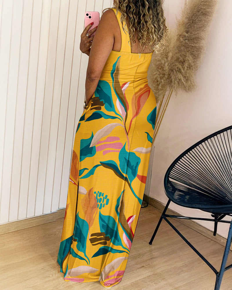 Plants Placement Print Square Neck Thick Strap Side Slit Maxi Dress Casual Vacation Dress with Pockets