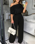 Skew Neck Batwing Sleeve High Waist Overalls Casual Short Sleeve Cinched Waist Wide Leg Jumpsuit