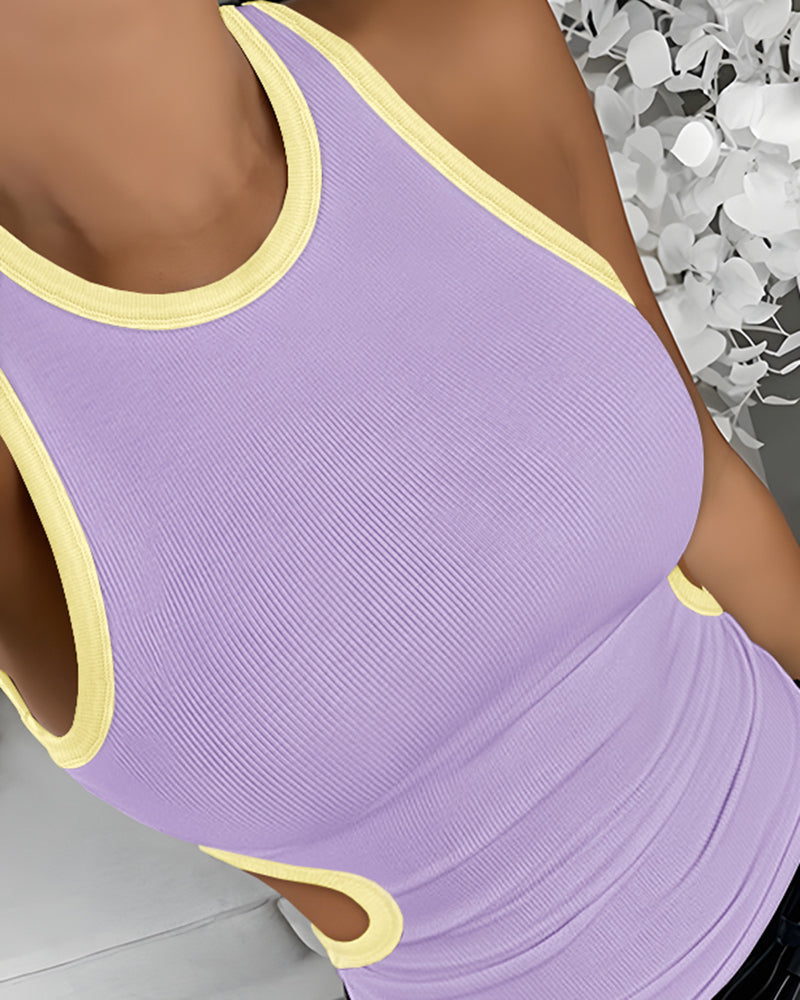 Women's Ribbed Contrast Trim Tank Top Sleeveless Crew Neck Cutout Slim Fit Stretch Casual Top