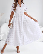Turn-down Collar Plaid Mesh Double-Layered Cinched Waist Maxi Dress Button Down Bow Tie Waist Commuting Dress