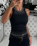 Rhinestone Decor O-neck Sleeveless Slim Fit Ribbed Tank Top