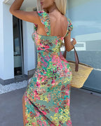Women's Floral Sweetheart Neck Mid-length Dress Flutter Sleeve High Slit Bodycon Summer Vacation Dress