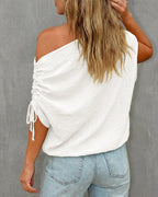 Skew Neck Drawstring Sleeve Loose Fit Casual Top