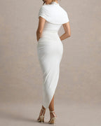 Women's Elegant Mock Neck Bodycon Dress Asymmetrical Ruched Shawl Sleeve Party Dress