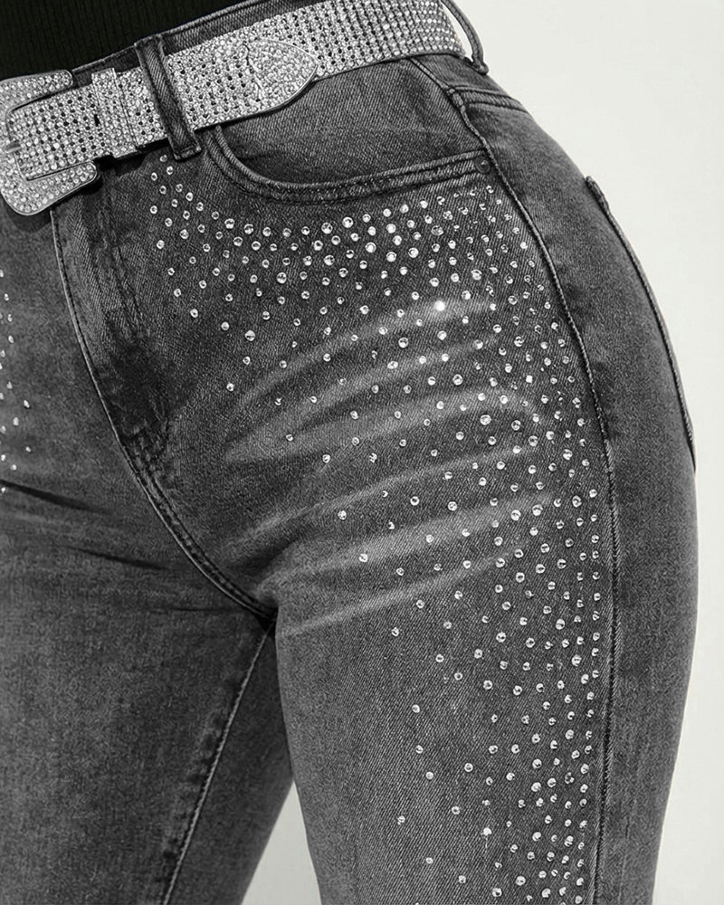 Rhinestone Decor High Waist Zipper Fly Skinny Jeans Washed Denim Pants without Belt