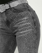 Rhinestone Decor High Waist Zipper Fly Skinny Jeans Washed Denim Pants without Belt