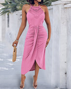 Adjustable Halter Hollow-out Back Ruched Front Slit Dress Guipure Lace Yoke Eyelet Embroidery Vacation Dress