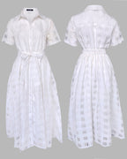 Turn-down Collar Plaid Mesh Double-Layered Cinched Waist Maxi Dress Button Down Bow Tie Waist Commuting Dress