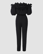 Frill Trim Off Shoulder Short Sleeve Tie Waist Overalls Casual Textured Jumpsuit