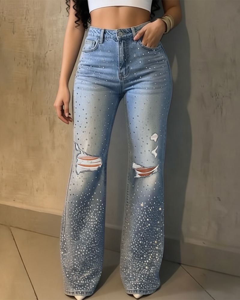 Women's Rhinestone Flare Jeans High Waisted Distressed Ripped Jeans Y2K Retro Streetwear Denim Pants