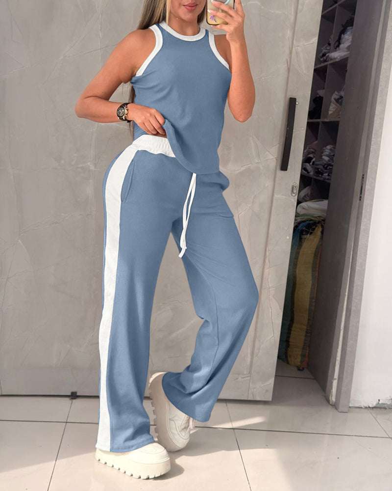Women's Contrast Binding Knit Set Halter Tank Top and Wide Leg Pants 2 Piece Tracksuit Ribbed Loungewear