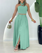 Women's Halter Two Piece Maxi Skirt Set Cross Tied Crop Top and High Waist Button Up Front Slit Skirt Suit