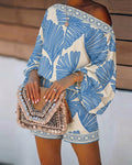 Women's Tropical Leaf Print 2 Piece Set Skew Neck Lantern Sleeve Top and Elastic Waist Shorts with Pockets & Lace