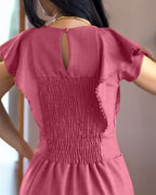Butterfly Sleeve Hollow-out Back Shirred Dress Casual Cinched Waist Lace Trim Ruffle Hem Commuting Dress