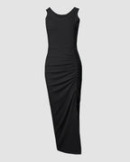 Side Slit Drawstring Ruched Bodycon Casual Sun Maxi Dresses Sleeveless Ribbed Tank Dress