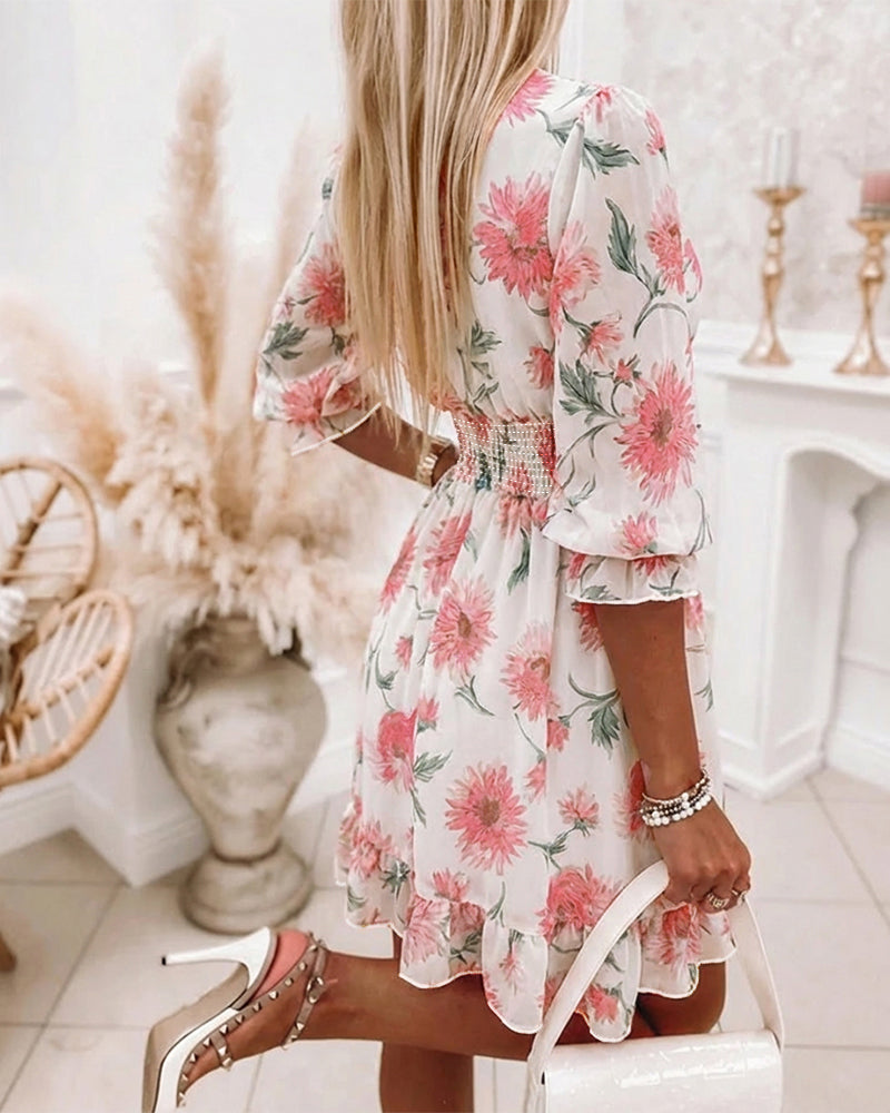 Floral Print Overlap Deep V-Neck Half Sleeve Shirred Waist A Line Dress Casual Flared Cuffs Ruffle Hem Chiffon Dress