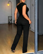 CHICME Women's 2 Piece Set Skew Neck Slim Fit Top and Elastic Waist Flare Pants with Metal Detail