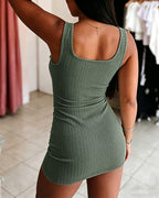 Women's Ribbed Knit Dress Thick Strap U-Neck Bodycon Mini Dress Half Zipper Party Dress