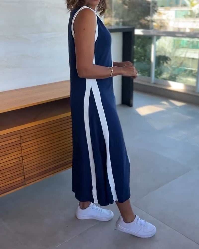 Colorblock Spliced Deep V-Neck Sleeveless Slit Front Dress Casual Loose Fit A Line Dress