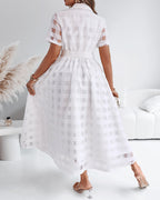 Turn-down Collar Plaid Mesh Double-Layered Cinched Waist Maxi Dress Button Down Bow Tie Waist Commuting Dress