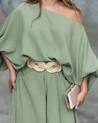2 Pieces Outfit Turn-down Coll  Long Sleeve Button Front Satin  Shirt and Casual Vintage Floral  Print Elastic Back Waist Wide Leg  Pants Set without Belt