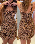 Leopard Print Square Neck Thick Strap Tied Detail Slit Romper Shirred Back Lace-up Skort Romper