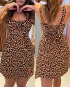 Leopard Print Square Neck Thick Strap Tied Detail Slit Romper Shirred Back Lace-up Skort Romper