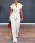 2 Pieces Outfit V-Neck Short Sleeve Twist Front Zipper Back Top and Straight Leg Pants Set Casual Commuting Set