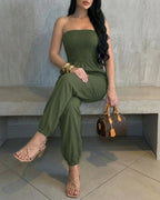 Shirred Cinched Waist Cuffed Overalls High Waist Pockets Design Bandeau Cargo Jumpsuit
