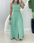 Women's Halter Two Piece Maxi Skirt Set Cross Tied Crop Top and High Waist Button Up Front Slit Skirt Suit