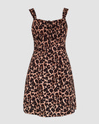 Leopard Print Square Neck Thick Strap Tied Detail Slit Romper Shirred Back Lace-up Skort Romper